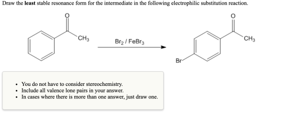 Draw the least stable resonance form for the intermediate in the following electrophilic substitution reaction. Brz/ FeBrz CH