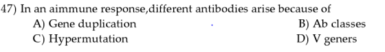 47) In an aimmune response, different antibodies arise because of A) Gene duplication B) Ab classes C) Hypermutation D) V gen