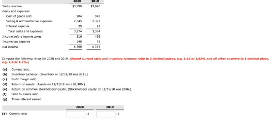 2020 $3,790 2019 $3,820 Sales revenue 904 976 2,345 2,392 Costs and expenses Cost of goods sold Selling & administrative expe
