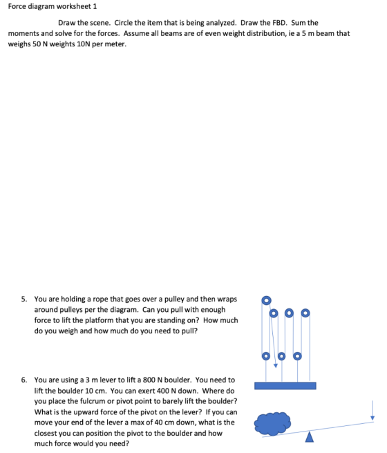 Force diagram worksheet 1 Draw the scene. Circle the item that is being analyzed. Draw the FBD. Sum the moments and solve for