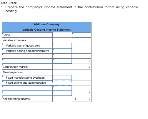 Required: 1. Prepare the companys income statement in the contribution format using variable costing. Whitman Company Variab