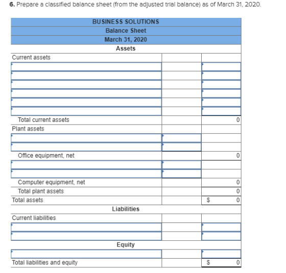 6. Prepare a classified balance sheet (from the adjusted trial balance) as of March 31, 2020. BUSINESS SOLUTIONS Balance Shee