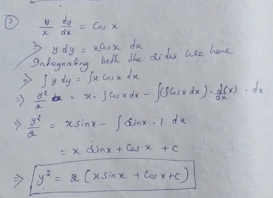 3 >> dy dx = Cos x y dy = kloste du Integrating bosh she dides we have Sydy=Sx Cose du dx y2 & gq x. I cosa de - SS Cosx dx )