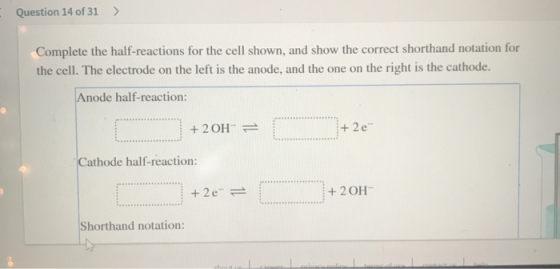 Question 14 of 31) Complete the half-reactions for the cell shown, and show the correct shorthand notation for the cell The e