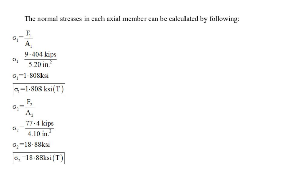 The normal stresses in each axial member can be calculated by following: F A 9.404 kips 0 5.20 in. 0=1.808ksi 0 =1.808 ksi(T
