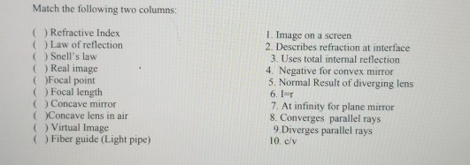 Match the following two columns Refractive Index Law of reflection Snells law ( ) Real image ( )Focal point () Focal length