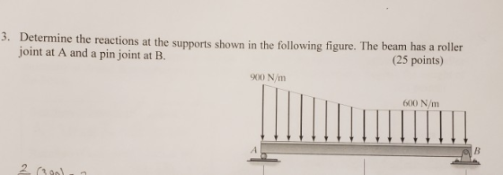 3. Determine the reactions at the supports shown in the following figure. The beam has a roller joint at A and a pin joint at