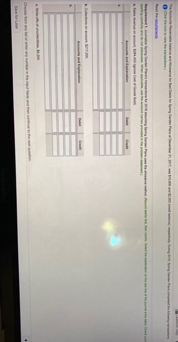 The Accounts Receivable balance and Allowance for Bad Debts for Spring Garden Plans Click the loon to view the transactions)