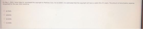 On May 1, 2022, Carla Vista Co purchased the Copyright to Martinez Corp. for $132000. It s recognized for the year 2022 would