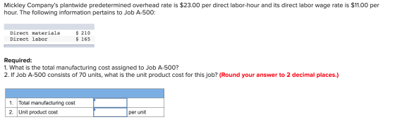 Mickley Companys plantwide predetermined overhead rate is $23.00 per direct labor-hour and its direct labor wage rate is $11