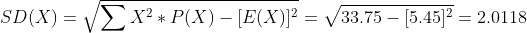 SD(X)-v Σ Χ2 * P(X)-E(X)]-V33.75-15.45]-2.0118