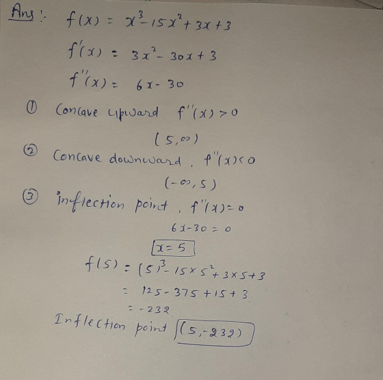Ans: 0 ② f(x) = x² 15x² + 3x + 3 f(x) = 3 x ² – 30x + 3 f (x) = 6x-30 Concave upward f (x) > 0 (5,0) Concave downward f (xr