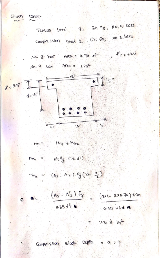 Given Data Tension Steel 8, Gr. 90, No. a bars Compression Steel 2 Gr. 60, No. 8 bars fc = oksi No. 8 bar No. 9 bar Area = 0.