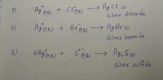 1 Ag (aq) + Clag - Agraz) + Brez - Ag Cl (s) Silver chloride Ag Br (6) Silver bromide Aga so Silver sulfide 3) a Agcaq) + sha