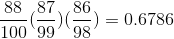 \frac{88}{100}(\frac{87}{99})(\frac{86}{98})=0.6786