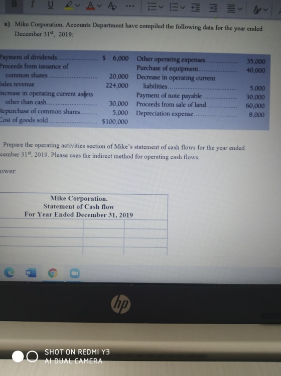 B Or A A EvE a) Mike Corporation. Accounts Department have compiled the following data for the year ended December 31st, 2019