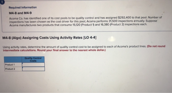 Required information M4-8 and M4-9 Acoma Co. has identified one of its cost pools to be quality control and has assigned $292