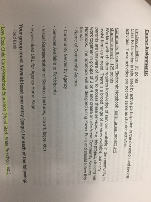 Course Assignments: In-class activities - 95 points Class Participation is tabulated by active participation in the discussio