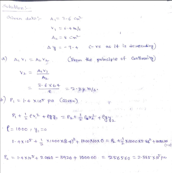 Solution Given data 2 A = 3.6 cm² V = 6.4 m/s A₂ = 8 cm² 9.4 Care as it is deseeking) a) A V = AzV2 (From the principle of co