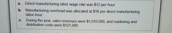 a. Direct manufacturing labor wage rate was $12 per hour. b. Manufacturing overhead was allocated at $16 per direct manufactu