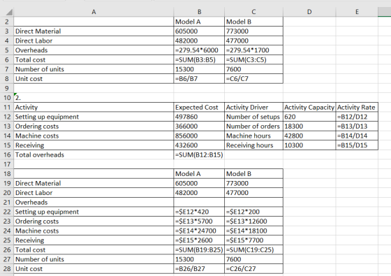 Model A 605000 482000 =279.54*6000 =SUM(B3:B5) 15300 =B6/B7 Model B 773000 477000 =279.54*1700 =SUM(C3:C5) 7600 =C6/07 2 3 Di