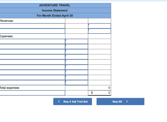 ADVENTURE TRAVEL Income Statement For Month Ended April 30 Revenues: Expenses: Total expenses < Req 4 Adj Trial Bal Req 5B
