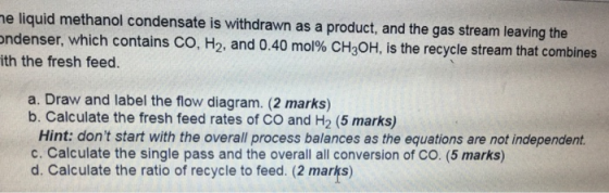 me liquid methanol condensate is withdrawn as a product, and the gas stream leaving the ondenser, which contains CO, H2, and