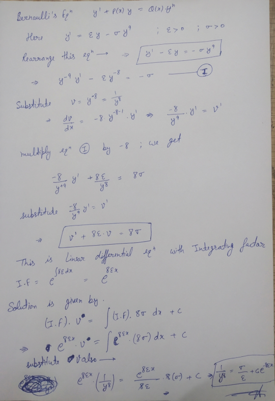 Bernaulles Egh y + P(x) y = dlxl.gh Hories - - ci g> ; тzo Rearrange this eq ► / gl-Ey-royal yollay! - Zylo - Substitute v