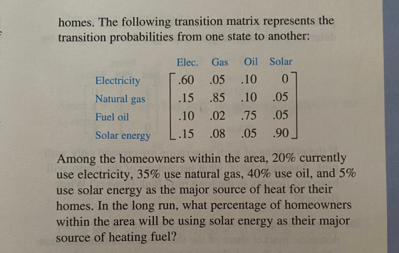 homes. The following transition matrix represents the transition probabilities from one state to another: Elec. Gas Oil Solar