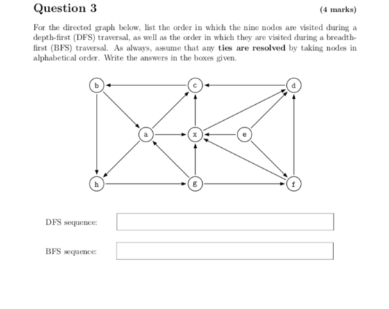 Question 3 (4 marks) For the directed graph below, list the order in which the nine nodes are visited during a depth-first (D