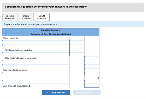 Complete this question by entering your answers in the tabs below. Income Statement COGS Schedule COGM Schedule Prepare a sch