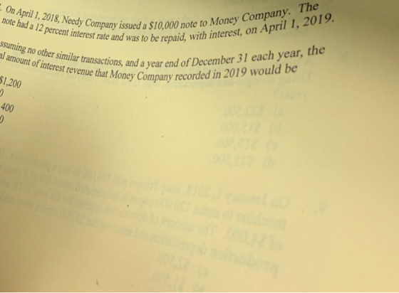 On April , 2018 Needy Company note had a 12 percent interest rate ssuming no other siasactoaey Company 1,200 400 ssu Peren intere my issuda $10,00 note to Money Company. The e and was to be repaid, with interest, on April 1, 2019. ons, and a al amount of interest revenue that Money C tansections and restrvee hat nd a year end of December 31 each year, the Money Company recorded in 2019 would be