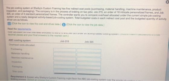 The job costing system at Shelbys Custom Framing has five indirect cost pools (purchasing, material handling, machine mainte