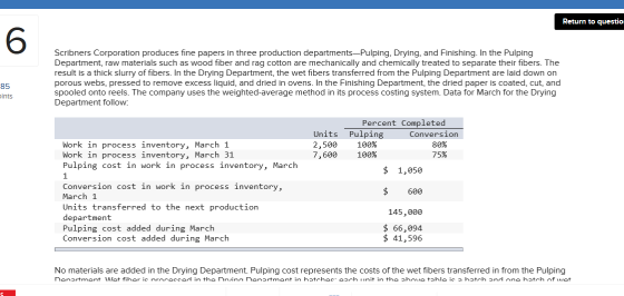 Return to questio Scribners Corporation produces fine papers in three production departments-Pulping, Drying, and Finishing.