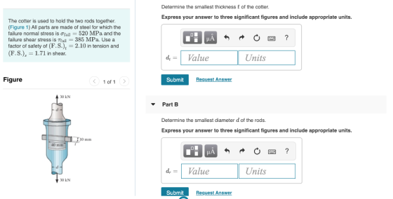 Determine the smallest thickness t of the cotter Express your answer to three significant figures and include appropriate uni