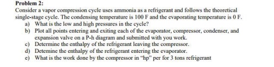Problem 2: Consider a vapor compression cycle uses ammonia as a refrigerant and follows the theoretical single-stage cycle. The condensing temperature is 100 F and the evaporating temperature is 0 F What is the low and high pressures in the cycle? Plot all points entering and exiting cach of the evaporator, compressor, condenser, and expansion valve on a P-h diagram and submitted with you work. Determine the enthalpy of the refrigerant leaving the compressor. Detemine the enthalpy of the refrigerant entering the evaporator. What is the work done by the compressor in hp per for 3 tons refrigerant a) b) c) d) c)