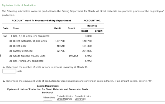 Equivalent Units of Production The following information concerns production in the Baking Department for March. All direct m