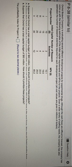 P 8-38 (similar to) Question Help Orchid Biotech Company is evaluating several different development projects for experimenta