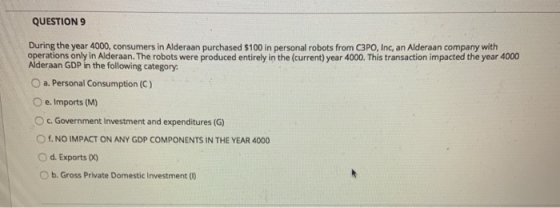 QUESTION 9 During the year 4000, consumers in Alderaan purchased $100 in personal robots from C3PO, Inc, an Alderaan company