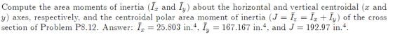 Compute the area moments of inertia (Iz and Iy) about the horizontal and vertical centroidal (x and y) axes, respectively, an