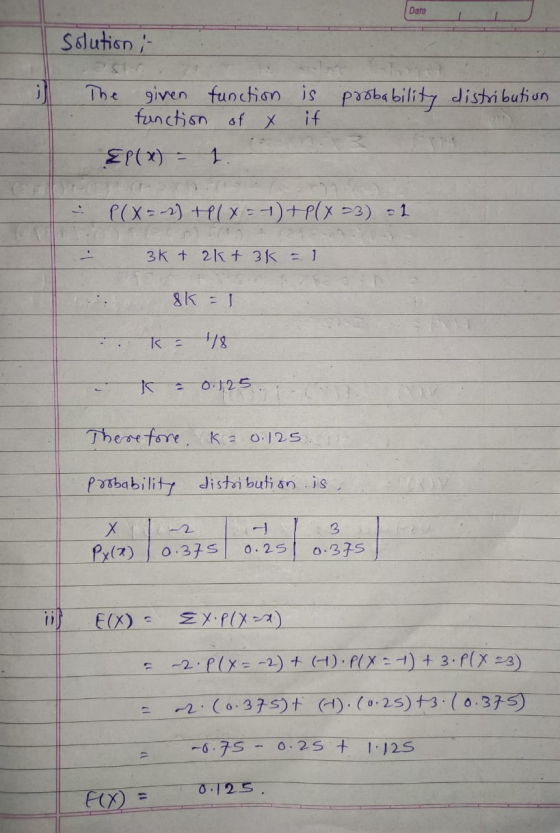 Date Solution -- The given function is probability distribution function of x if El(x) = 1 P(X=-2) HlX=1) HelX 23) - 1 3kt 2k