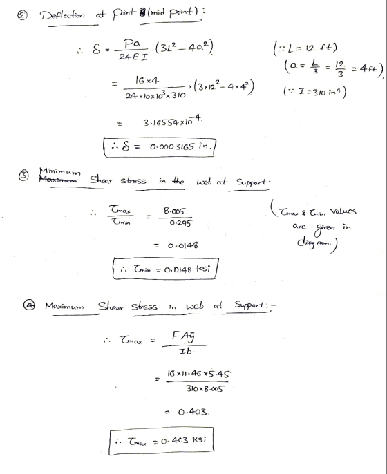 - Ô Deflection at point (mid point) : 24EI 1:L=12 ft) la- ſ - l = 4ft) I=310 ina) : SPas (312_4@?) = 16x4 24x10x10x310*13* =