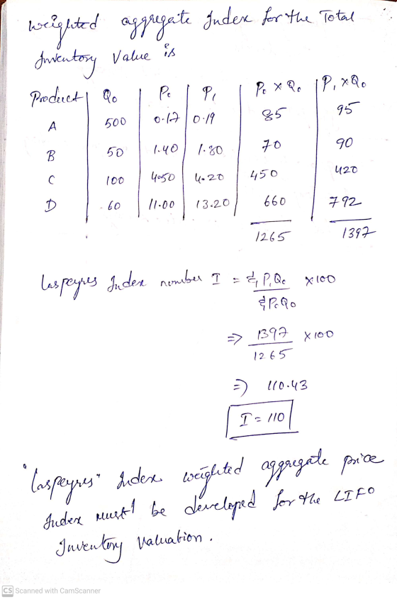 weighted aggregate judex for the Total Inventory Value is Product | Qo Pe Pi Poxpo IP, xQ 85 95 o.17 0.19 500 А 1.40 1.80 70