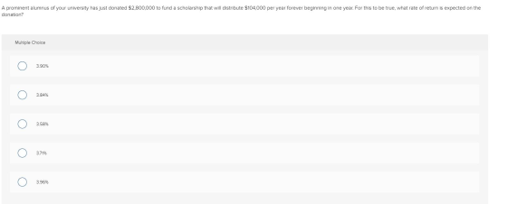 A prominent alumnus of your university has just donated $2,800,000 to fund a scholarship that will distribute $104,000 per ye