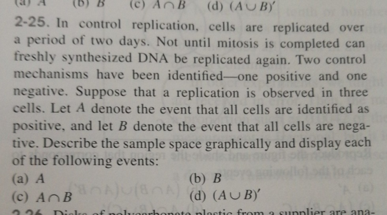 JA (b) B (cAnB (d) (AUB) 2-25. In control replication, cells are replicated over a period of two days. Not until mitosis is completed can freshly synthesized DNA be replicated again. Two control mechanisms have been identified-one positive and one negative. Suppose that a replication is observed in three cells. Let A denote the event that all cells are identified as positive, and let B denote the event that all cells are nega- tive. Describe the sample space graphically and display each of the following events: (a) A (c) An B (b) B (d) (AUB)