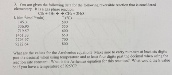 3. You are given the following data for the following reversible reaction that is considered elementary. It is a gas phase re