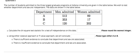 QUES The number of students admitted to the three largest graduate programs at Indiana University are given in the table belo