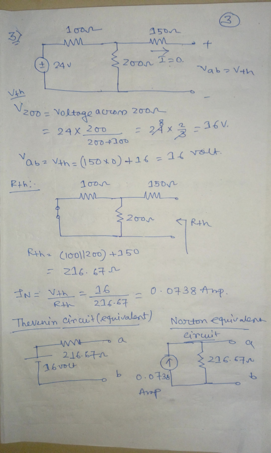 3 3) 1 oor w 15on m t I 24U zoon I=o. Vaba Vith Vith V200 = Voltage acron zoon 16V. = - 24x 200 200+100 abz Vth= (150 x0) +16