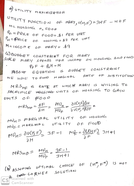 LITY MAXIMIZATTON UTILITY FUNCTI Y FUNCTION OF MARY, OCH, F=3HF - H+ H = HOUSING F- FOOD PF = PRICE OF FOOD=$1 PER UNIT H-PR