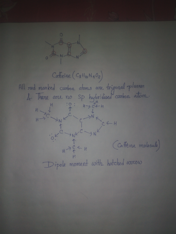 l ned manked cabon atoms oe. tri annon Thore oore no sp mL. HCaffine moleteuh Dipole monent aith hotched avtoo